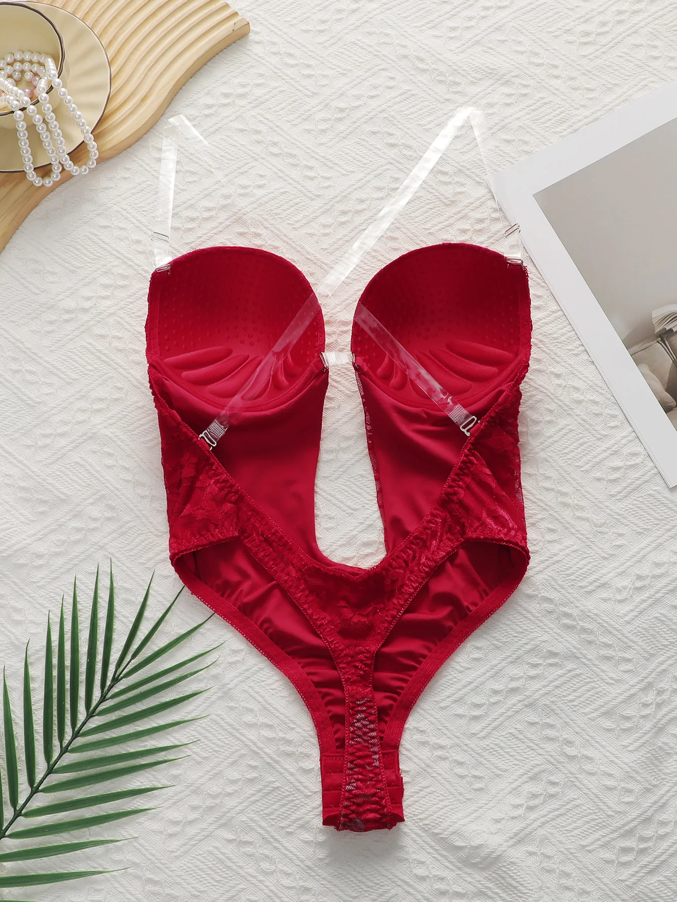 Red Lace Underwire Bodysuit Deep V Plunge Teddy Lingerie Removable Clear Strap Snap Crotch One Piece Shapewear A8188