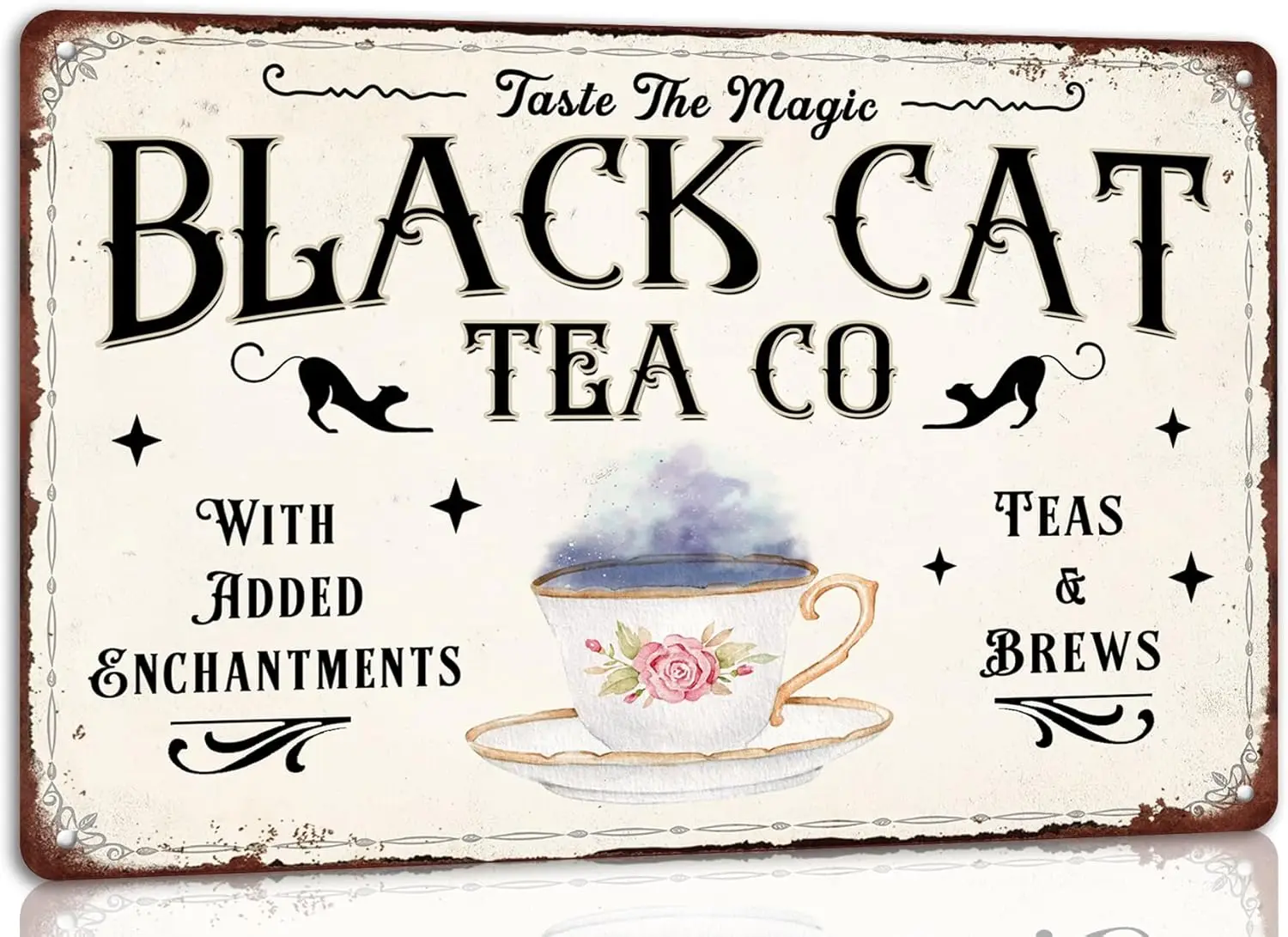 Black Cat Tea Brews Metal Tin Sign Funny Vintage Poster Halloween for Home Farmhouse Party Wall Art Decor -alumin