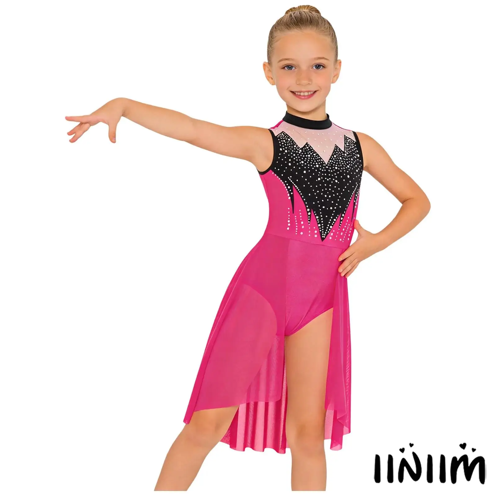 Body da ballo latino per tango lirico per bambina, strass, collo a lupetto, senza maniche, in rete, per spettacoli di danza da sala