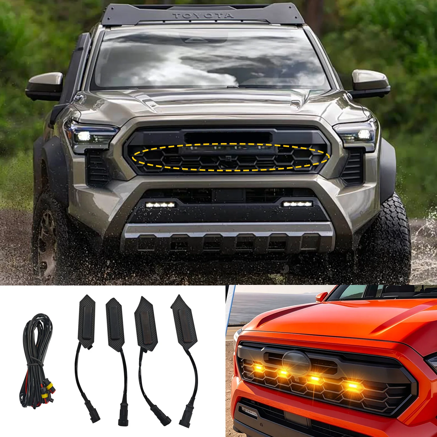 For Toyota Tacoma 2024-2026 Car Exterior Front Center Grille Insert LED Light Lamp Kit ABS Accessories 4pcs