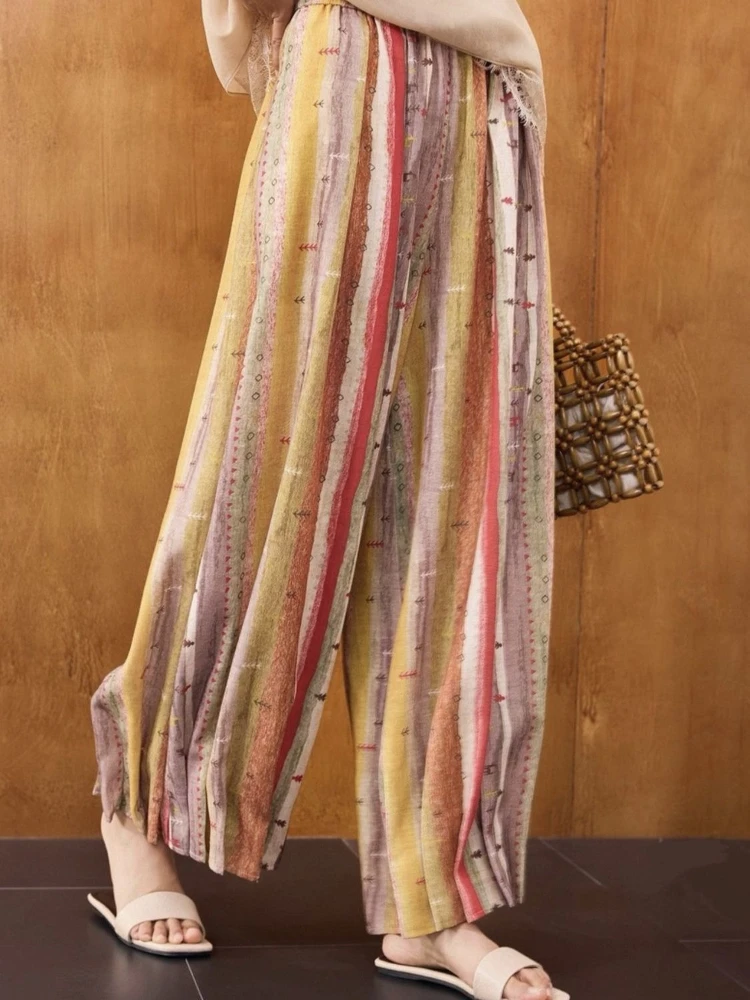Summer new comfortable casual pants women retro striped contrasting color light luxury niche design versatile wide leg pants