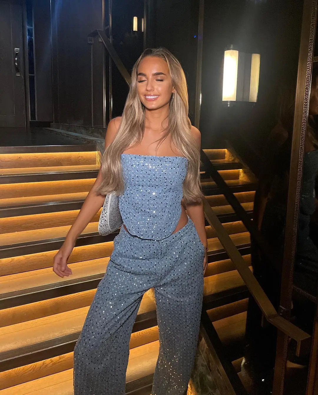 

Fashion Sequins Denim Set Women Strapless Tunic Waist Crop Top and Wide Leg Pant Suit 2026 New 2 Piece Sets Outfits Tracksuit