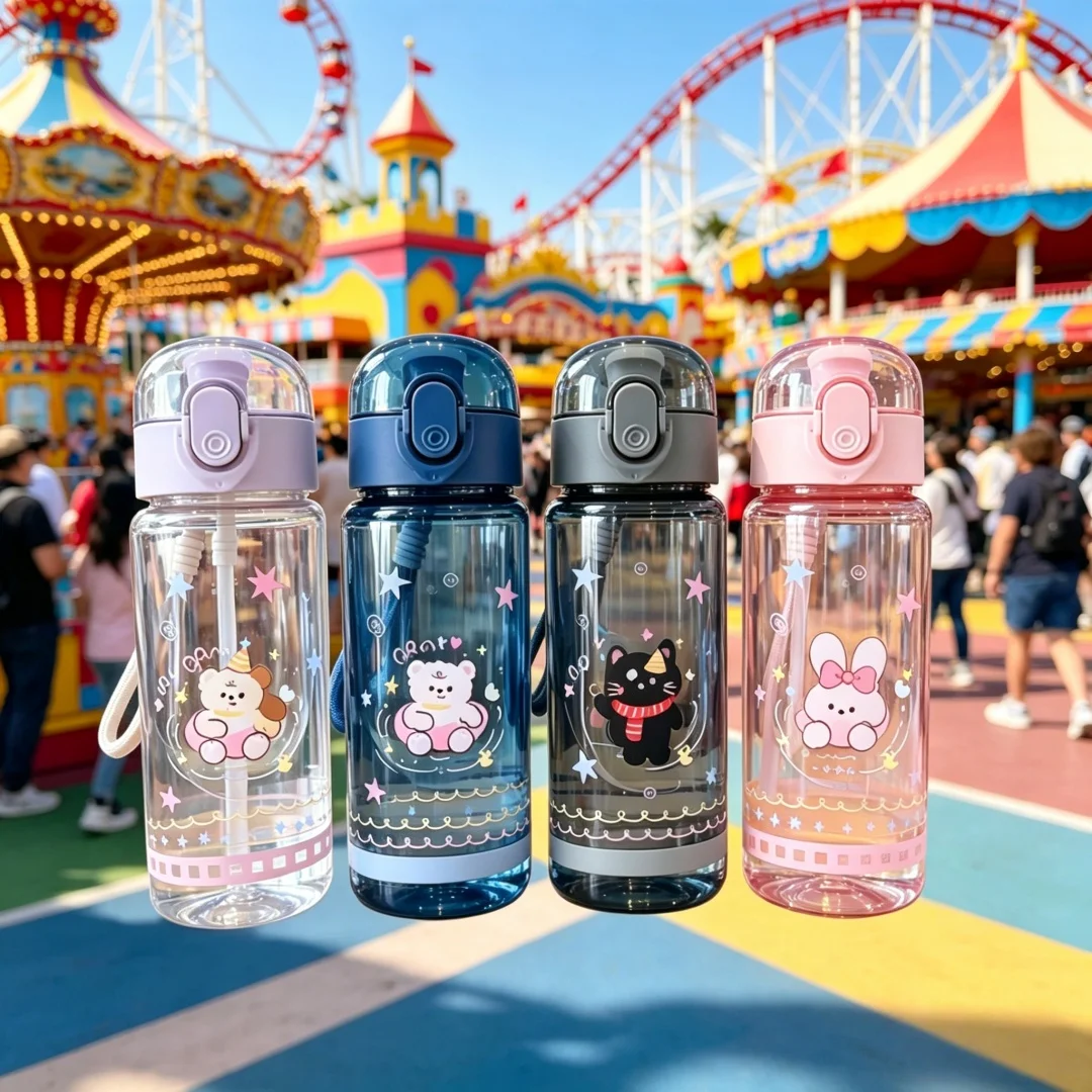 

Transparent Water Cup with Ctue Cartoon Patterns – 550ML Vivid Color, Fade-Resistant, Leak Proof & Stylish, Durable，Student Gift