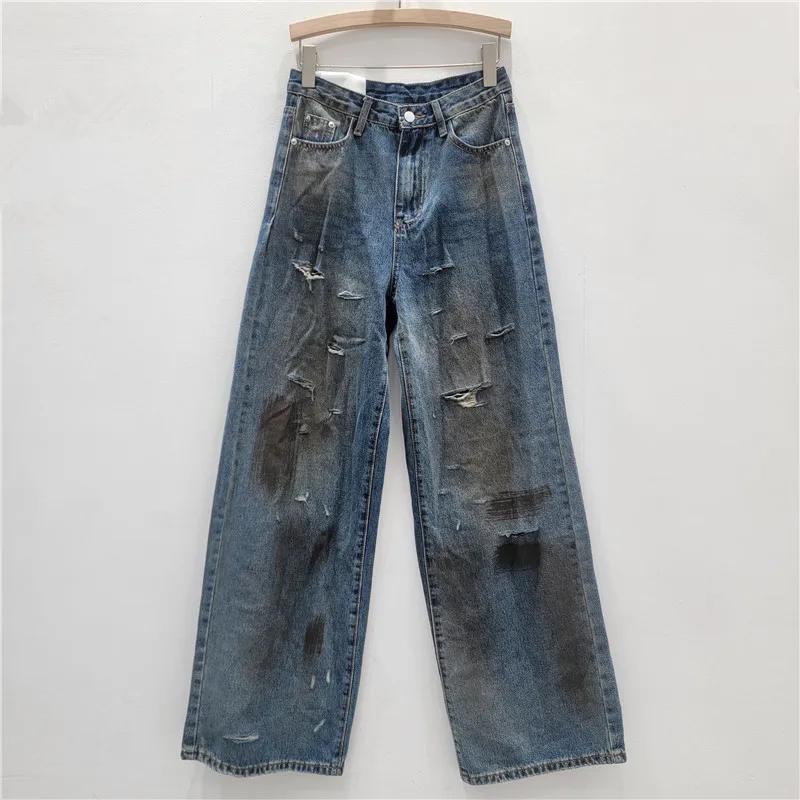 

Women Y2k Distressed Jeans Denim Holes Trousers Full Lenth High Waist Zipper Wide Leg Pant Straight Punk Streetwear 2025 Autumn