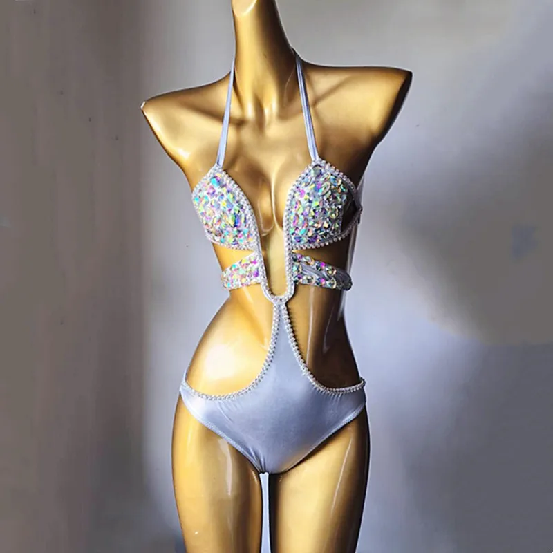 Strass Bademode Handgenähte Diamant Bikini Einteiliger Badeanzug Luxus Karneval Kristall Bikini Partys Rave Festival Outfit