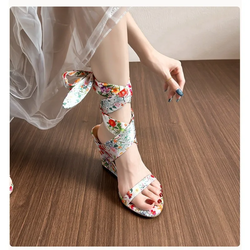 Bohemian Style Floral Ribbon Strap Detail Wedge Sandals Women Sexy Open Toe High Heels for Ladies Summer Elegant Dress Shoes - view 4