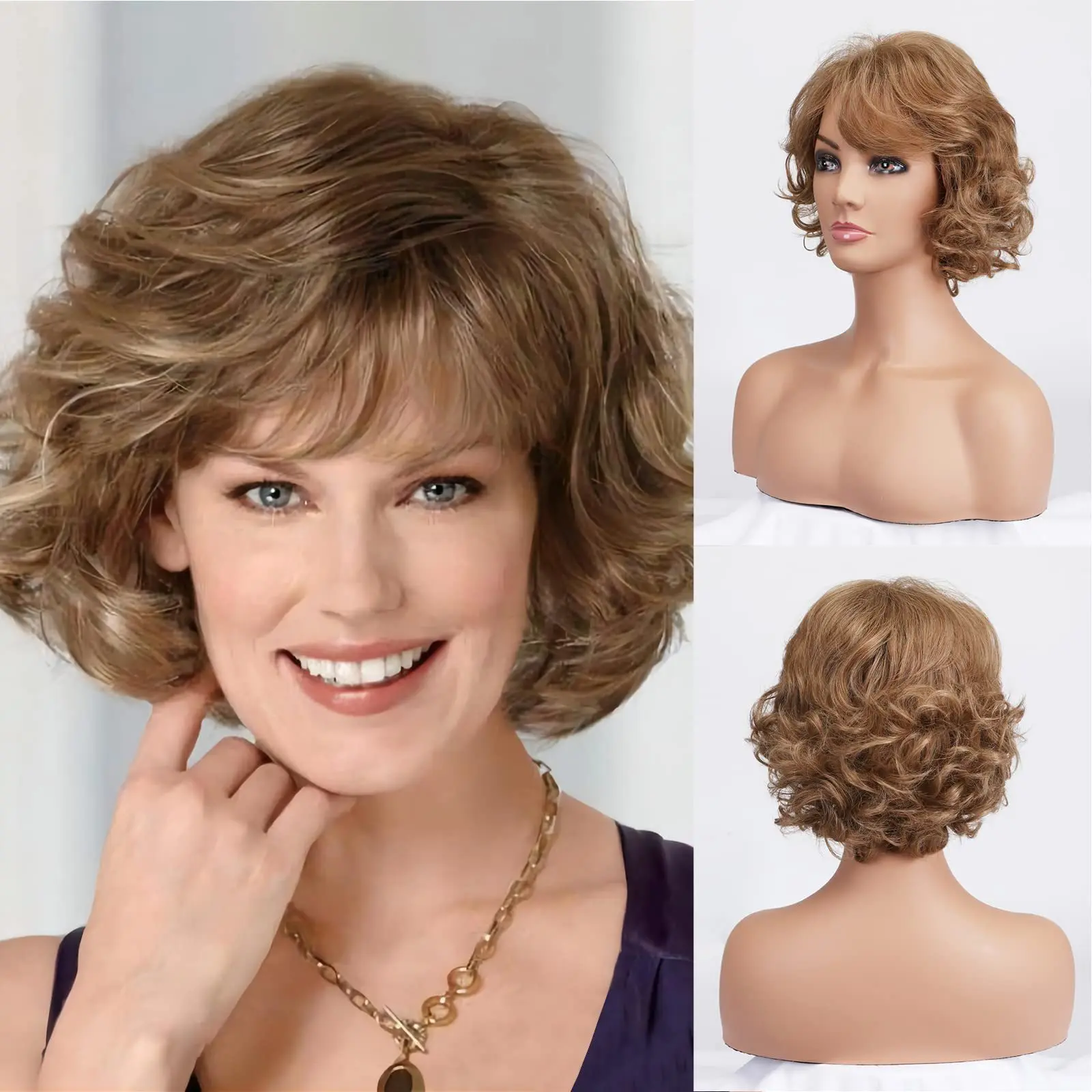 

European and American wigs women's fashion short curly hair middle-aged and elderly chemical fiber full head cover temperament h