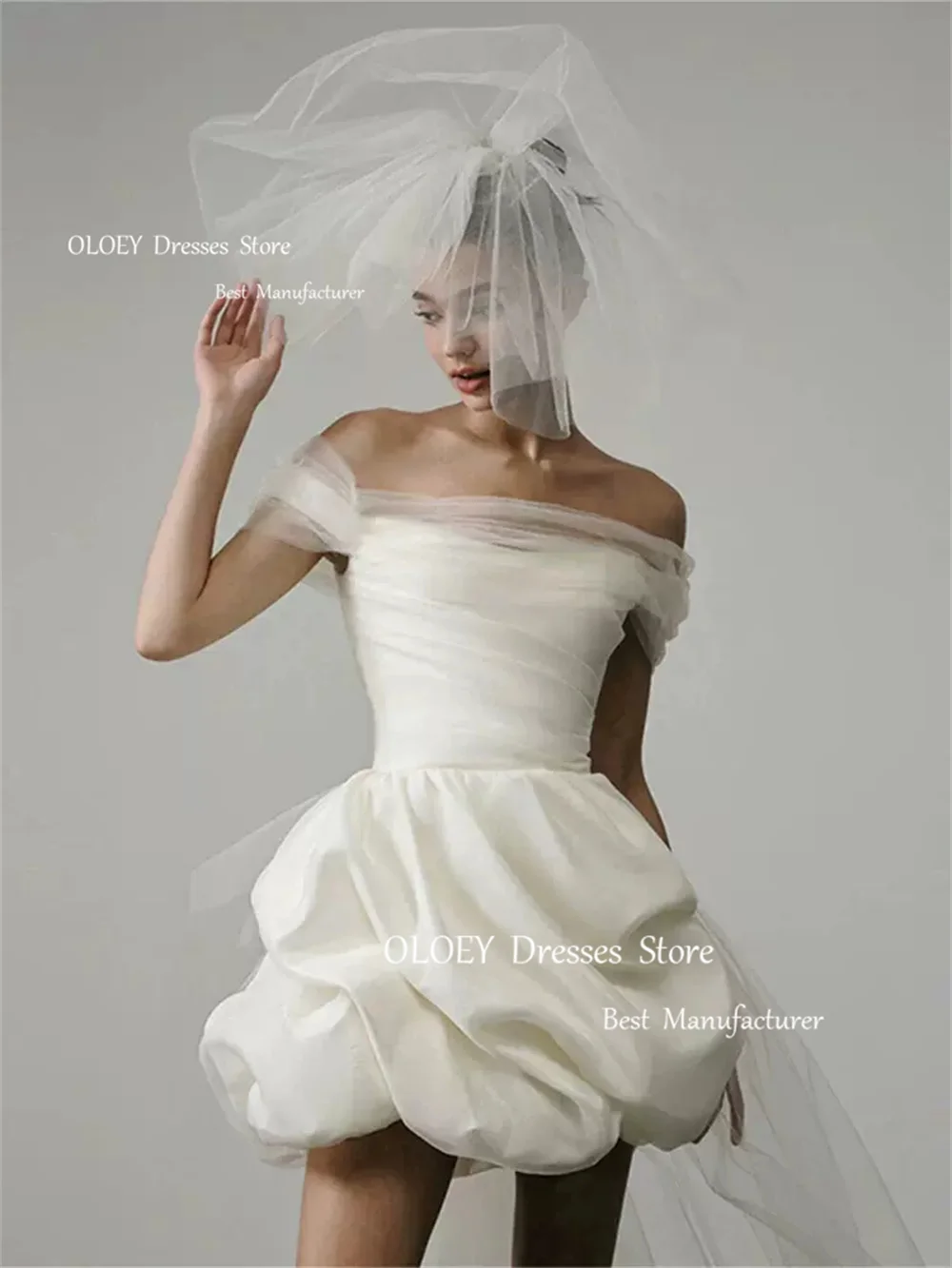 OLOEY Simple A-Line Mini Wedding Dresses Ivory Women  Satin Prom Gowns Off Shoulder Photoshot Occasion Gowns Free Customized