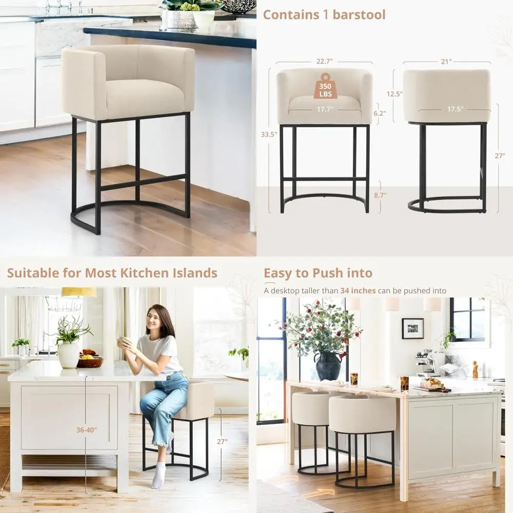 Modern Linen-Clad Barrel Backrest Bar Stools on Black Metal Frames, 27