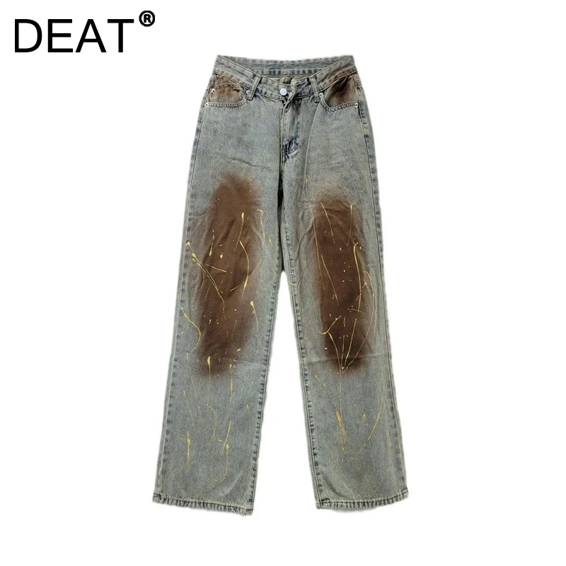 DEAT Women's Jeans High Waist Distressed Tie Design Splashing Dyeing Design Straight Denim Pants 2025 New Fashion Spring 29L9626