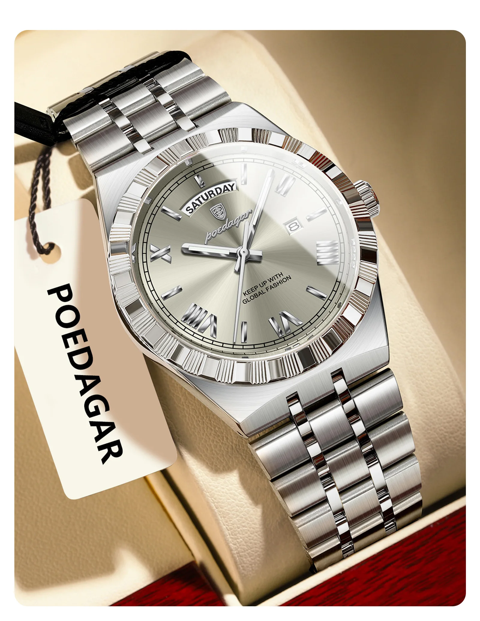 POEDAGAR Luxus Business Mann Uhr Woche Datum Wasserdicht Leuchtende Uhren Für Männer Edelstahl Quarz Mode männer Armbanduhr – Detail 15