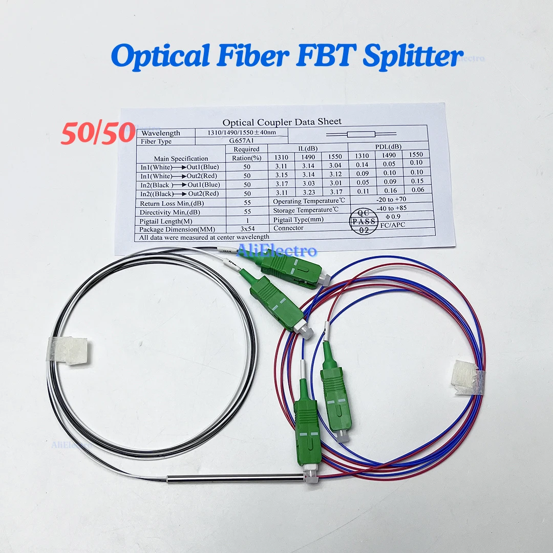 

FTTH 2x2 Coupler Splittter Optical Fiber FBT Splitter 5:95 10:90 15:85 20:80 25:75 30:70 50:50 SC/APC Connector