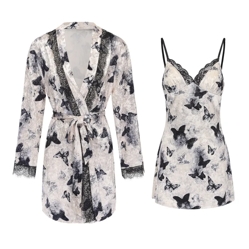 Low-cut Pajamas Hot Deep V Sexy Breast Pad Backless Suspender Nightdress Robe Large Size Suit