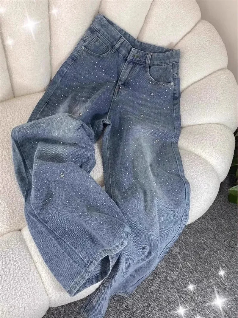 

Новые женские джинсы с микропайетками и стразами на весну, лето, осень и зиму, популярные свободные прямые брюки-джоггеры с широкими штанинами