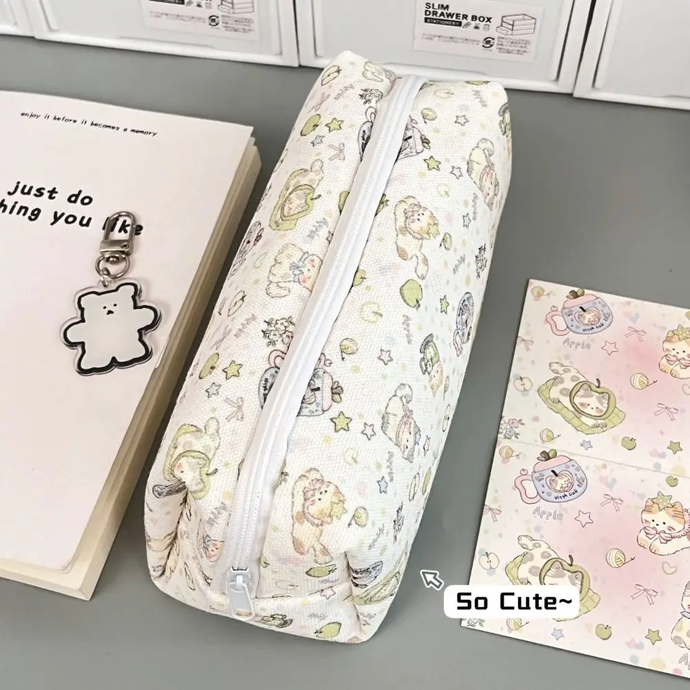 Portable Canvas Pen Bag Cat Printted Patterns Zipper Design Pencil Case Large Capacity Pencil Box School Office
