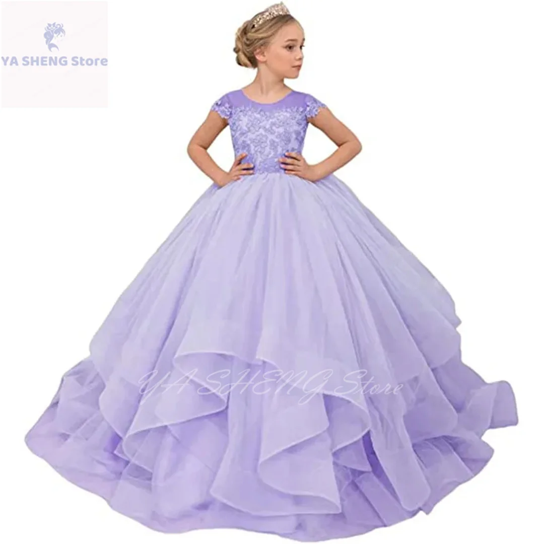 

Ruffles Blush Ball Gown Child Flower Girl Dresses for Wedding Princess Appliques Cap Sleeves Photoshoot Communion Gowns