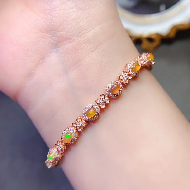 Simple Natural Orange Opal Gemstone Bracelet for Women Jewelry Natural Gem Real 925 Silver Good Gift