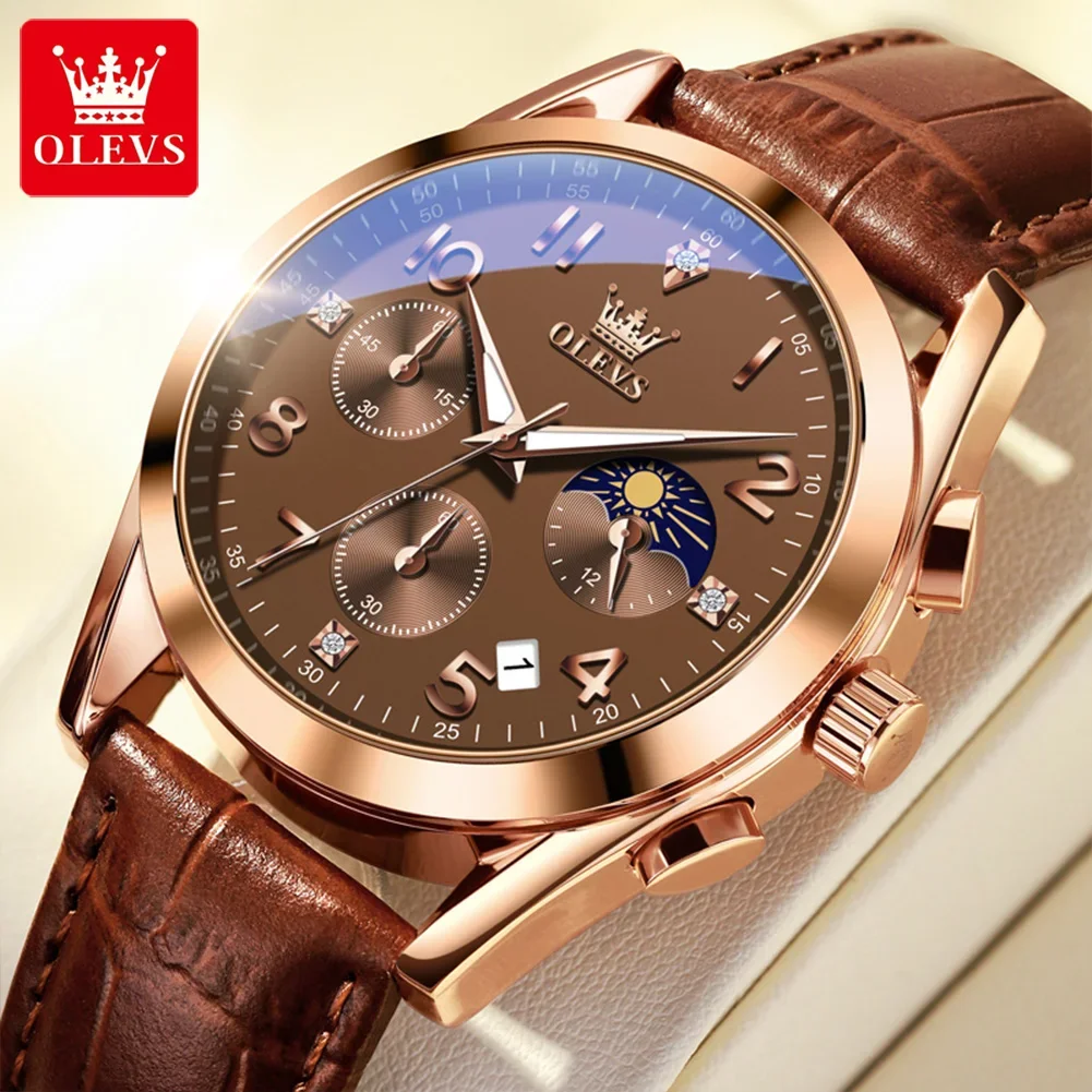 

OLEVS 2890 New In Original Quartz Watch for Men Leather Strap Fashion Men's Wristwatch Chronograph Moon Phase Sports Male Watch