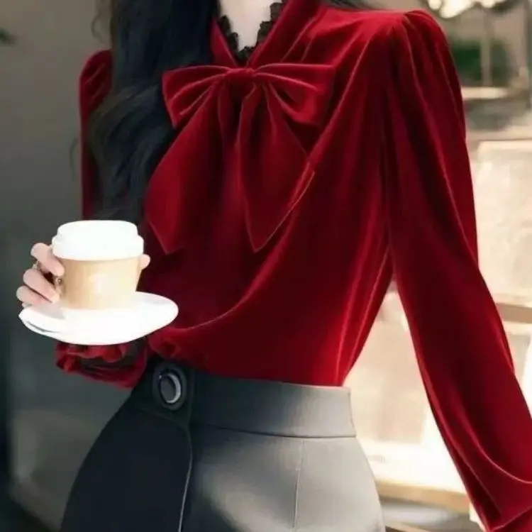 

Модная женская рубашка с воротником-фонариком и рукавами-фонариками, женская атласная блузка красного цвета во французском стиле, весенне-осенние топы TT369