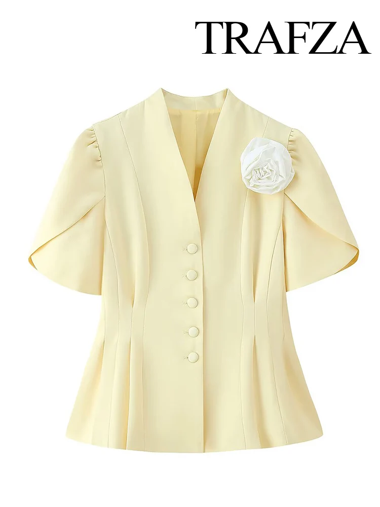 HH Women Autumn Fashion V-neck Single-breasted Short Sleeves Blazer Top Female Temperament Pleated 3D Flower 2-Color Jacket