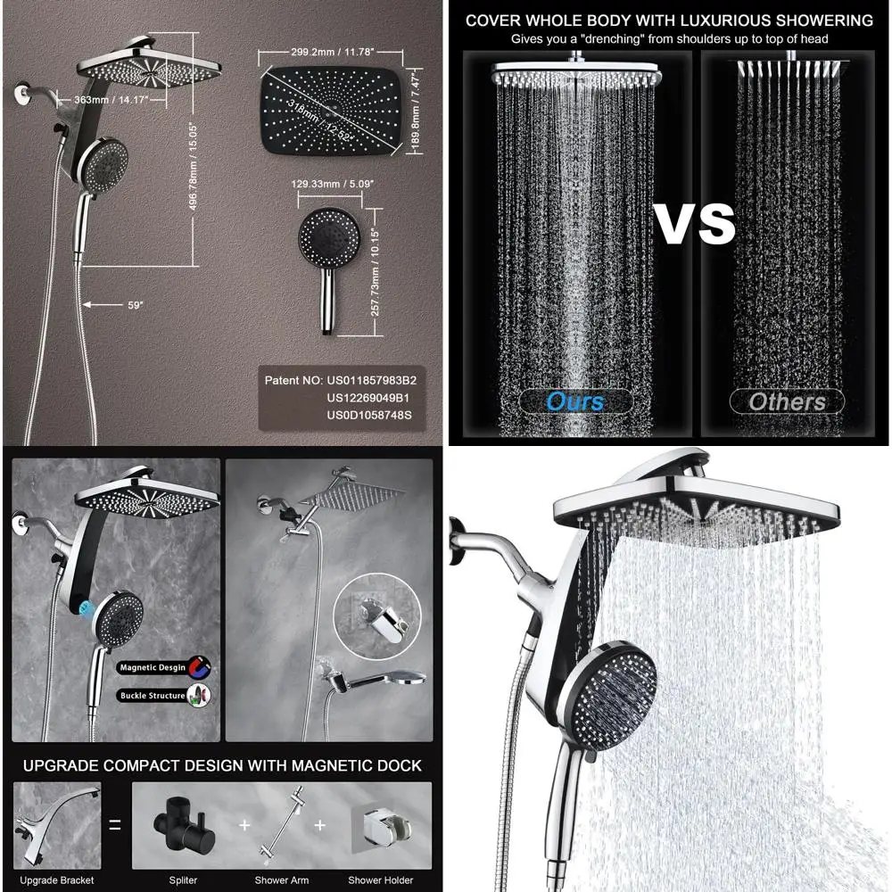 

Enhanced Shower System: Handheld Spray with 10 Settings, Fixed Showerhead, Detachable Head, and Magnetic Dock