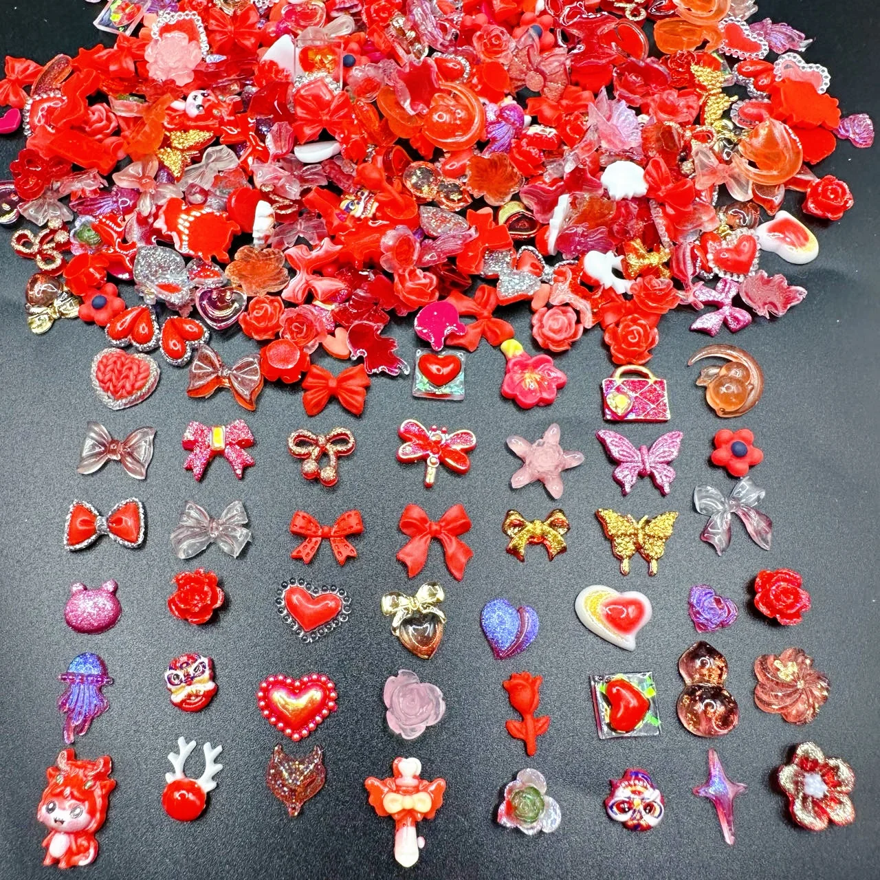 50PCS Mixed Design 3D Arcylic Nail Art Decorations Charms Kawaii Accessories Shiny Aurora Bow Fruits Flower Bear Manicure Parts