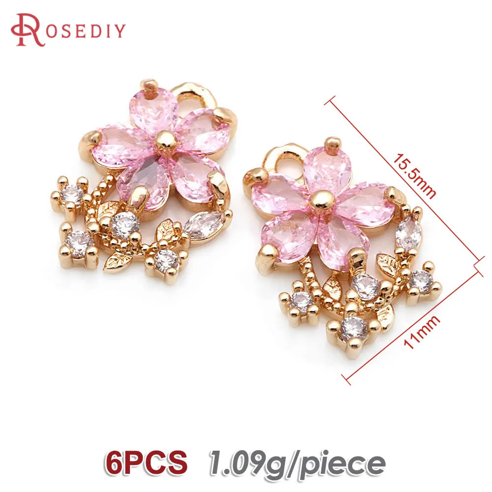 6 Stück 18 Karat Gold Farbe Messing und Zirkon Blume Charms Anhänger hochwertige DIY Schmuck herstellung liefert Halskette Ohrringe für Frauen