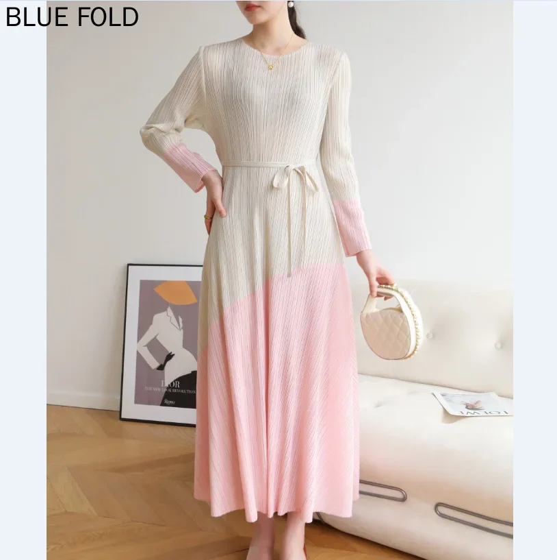 2025 Early Spring New Miyake High-end Pleated French Casual Style High-end Colorblock Lace-up Dress PLEATS Elegant Vestido