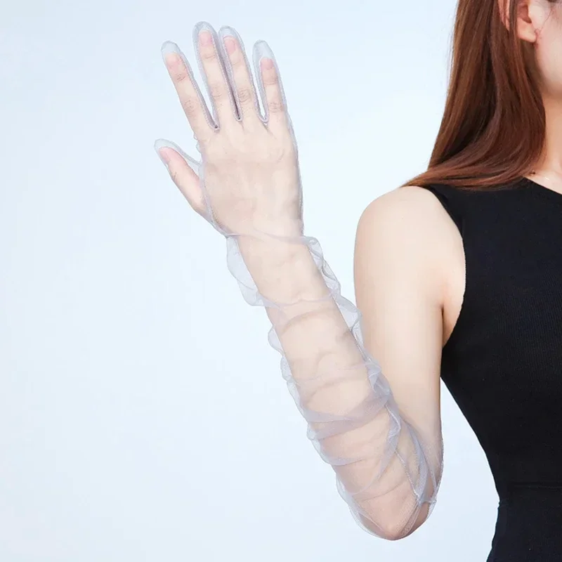 Gants transparents en tulle transparent pour femmes, gants de conduite sexy, robe ultra fine, gants féminins, 70cm de long, crème solaire