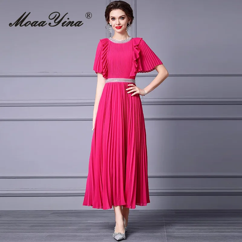 

MoaaYina Women's Vintage Pleated Dress Puff Sleeve Flounced Edge Beading Folds New Fashion Big Swing Solid Color Dresses