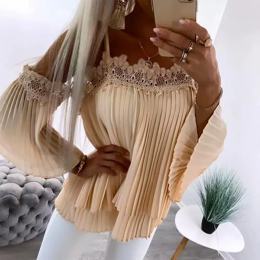 

Blouses Shirt Woman Contrast 2024 Summer Lace Ruched Cold Shoulder Chiffon Sexy Top Fashion New Casual Elegant T-Shirt Pullover