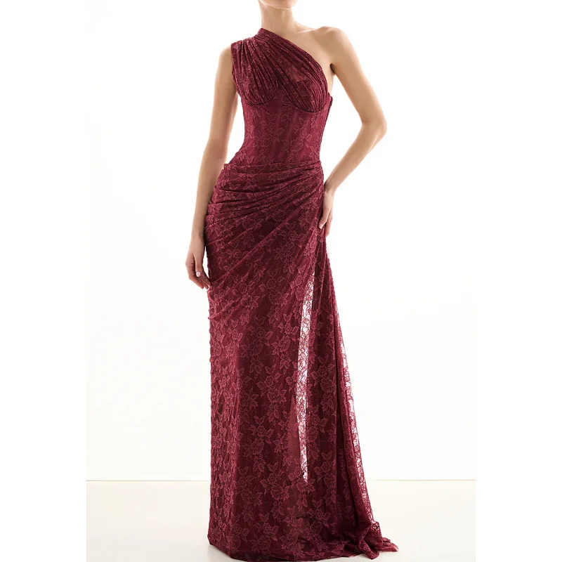 

Single-Shoulder Design Sexy High Slit Wine Red Lace Long Dress Woman Evening Party Dress Celebrity Birthday Party Dress