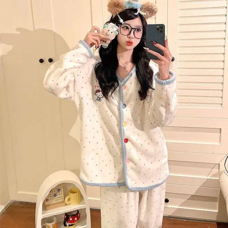 

Женский фланелевый пижамный комплект Sanrio Hello Kitty в горошек, зимний, новый, утепленный, на длинной подкладке, теплый, свободный, для дома и сна