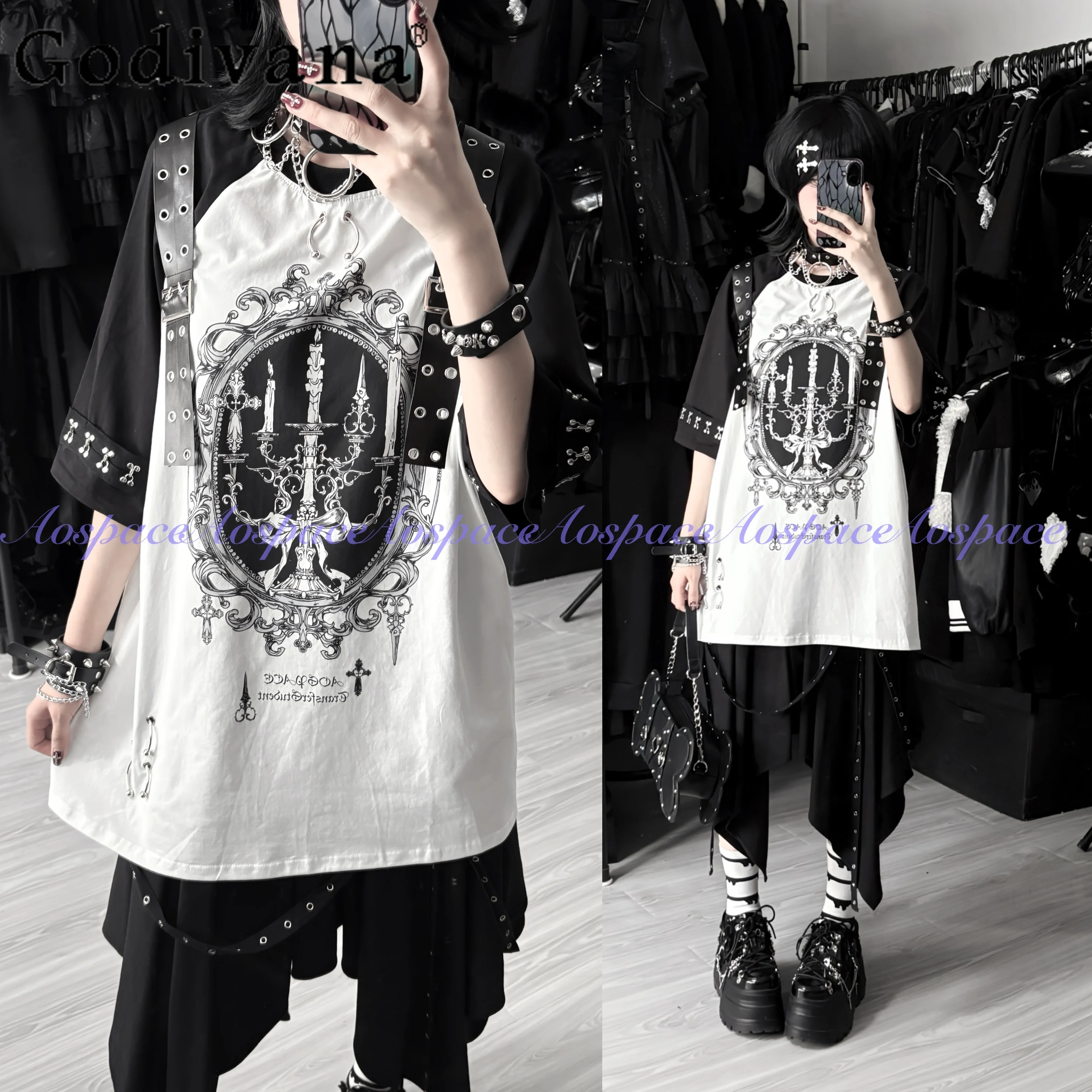 

Original Harajuku Subculture Dark Gothic T-Shirt Summer 2025 Sweet Cool Print Loose Slimming Short Sleeve Top Aesthetic T-Shirt