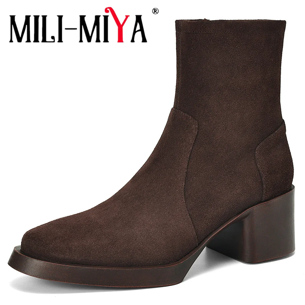 MILI-MIYA Vintage Women's Cow Suede Ankle Boots Autumn Winter 2026 New Round Toe Thick Heels Side Zipper Party Casual Footwear
