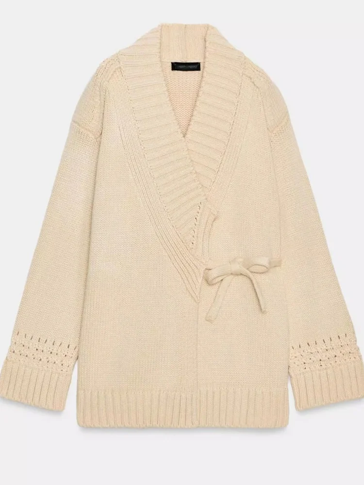 

Весна-Лето 2026: Женский вязаный кардиган-пальто в нежном повседневном стиле с длинными рукавами, поясом и двойной застежкой, из полиэфирного волокна