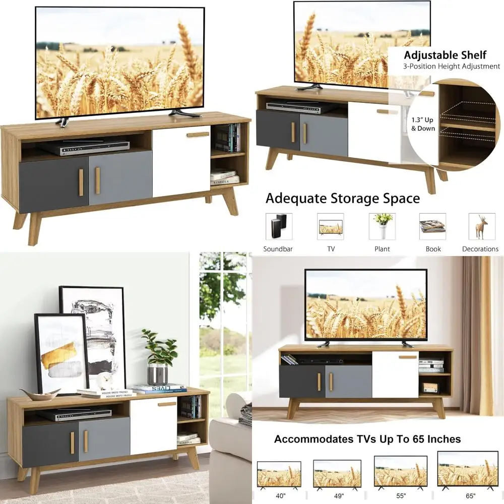 

Contemporary Wood TV Stand, Console Table for TVs up to 65 Inch, Entertainment Center with 3 Storage Cabinets and 3 Open Shelves