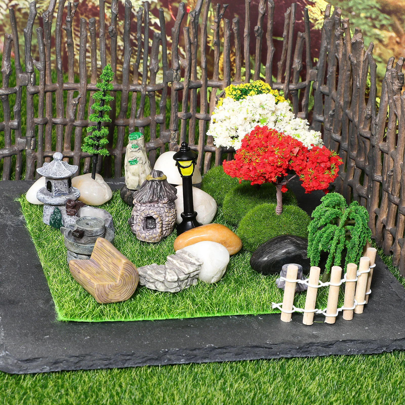 

1 Set Miniature Garden Decor Kit Fairy Garden Accessories Terrarium Mini Trees Stones Fences Lawn Supplies For House Fish Tank