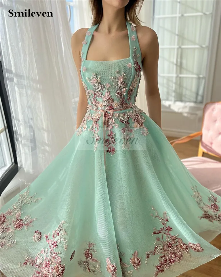 Smileven Mint Green Halter Prom Dresses robe de soire 3d Flowers Ankle  Length Evening Dresses Sexy Tulle Party Gowns - AliExpress 320