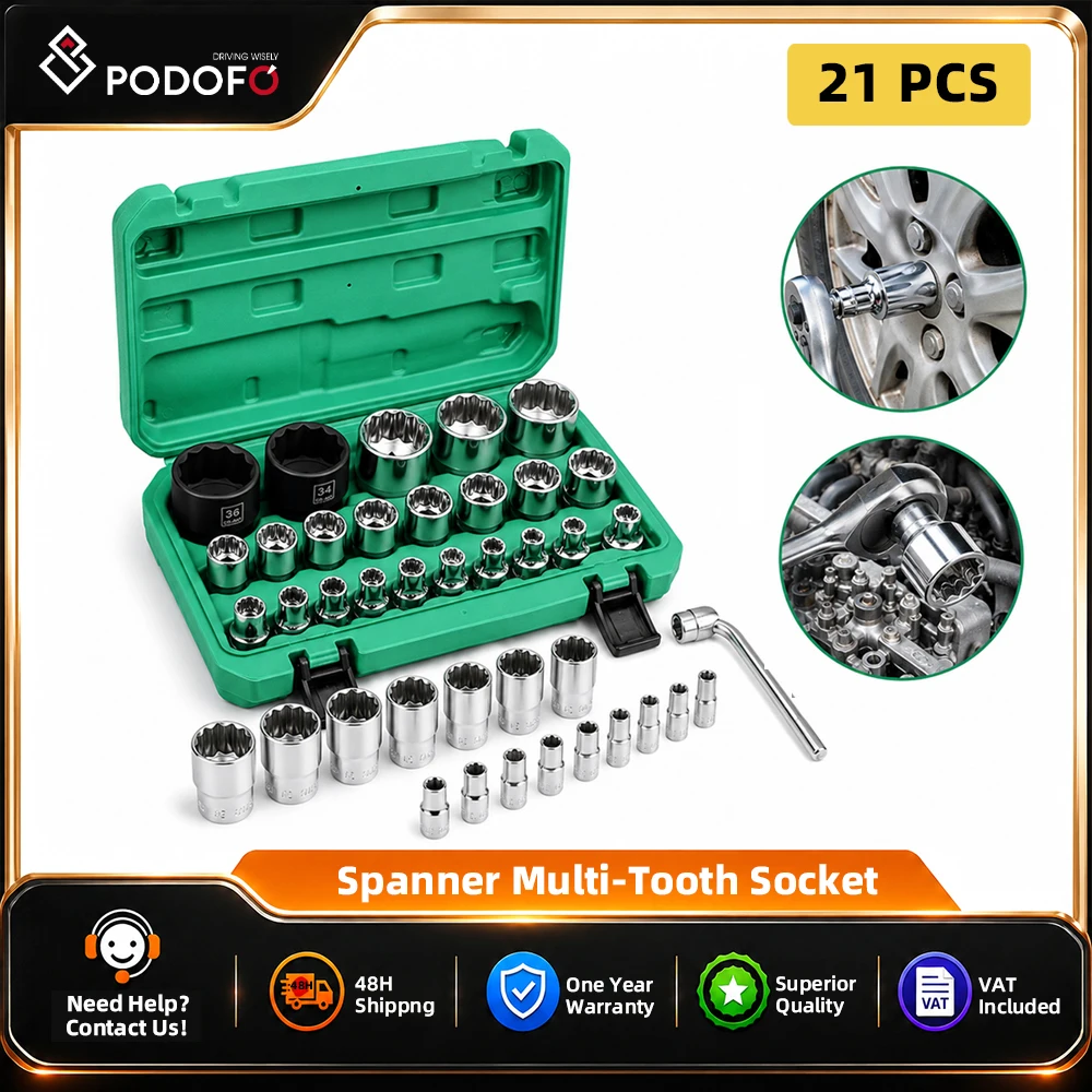 Podofo – Boîte de douilles multi-creux 1/2 po, 21 pièces, pour douilles à 6 et 12 points, 8-36 mm, pour réparation automobile