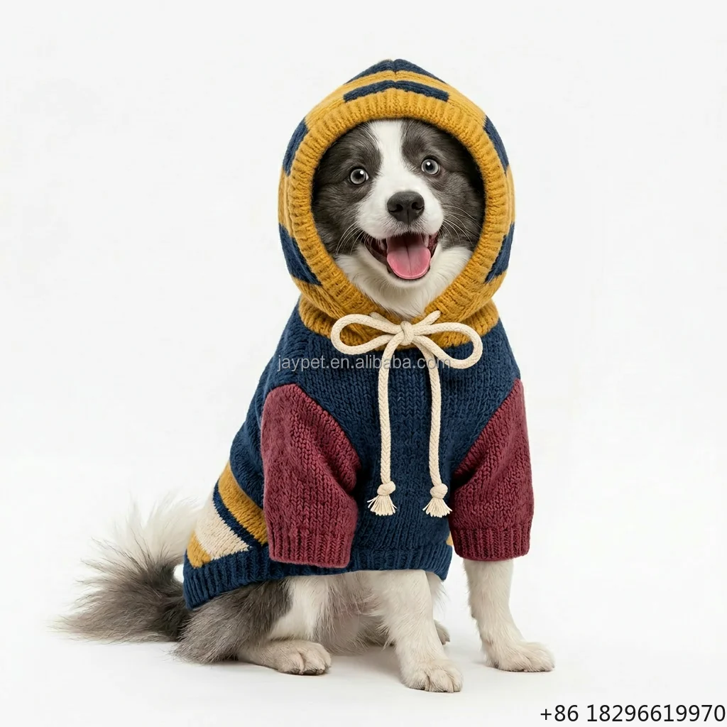 Color Block Knitted Hoodie Soft Anti Scratch Warm Small Pet Winter Clothes