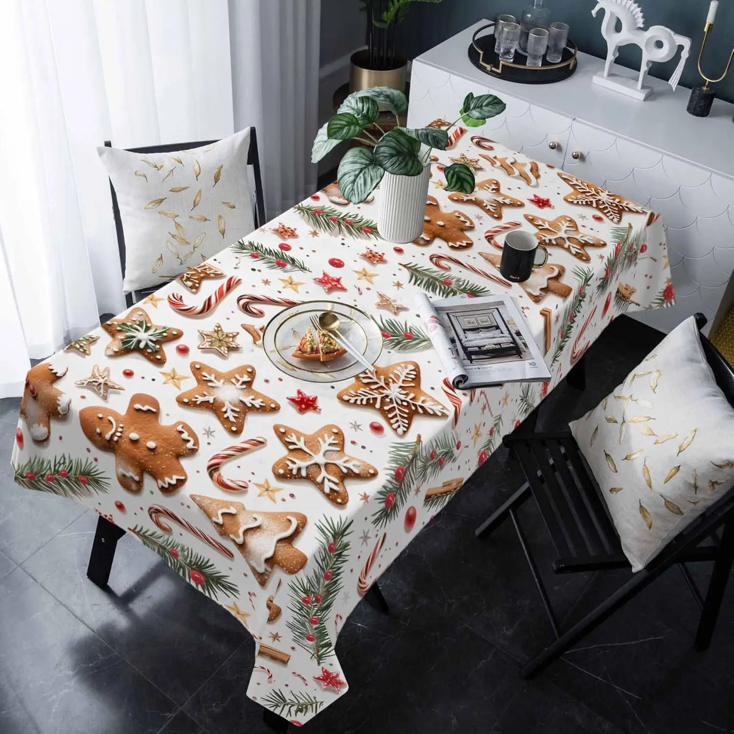 Christmas Berries Pine Needles Tablecloth for Table Decor Reusable Winter Xmas Kitchen Dining Tablecloth Christmas Decorations
