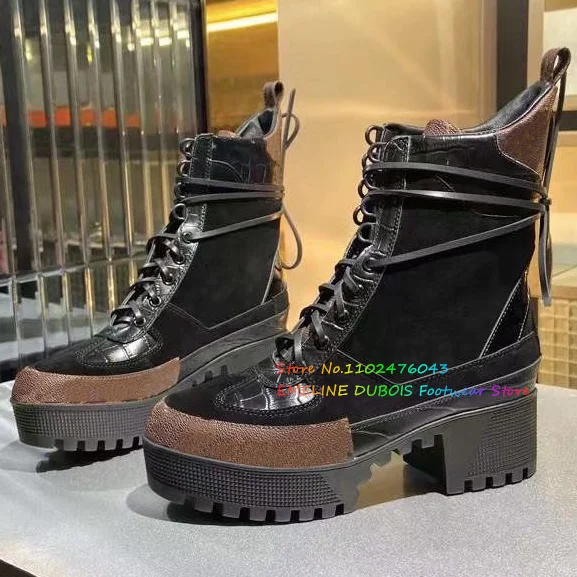 Mixed Color Lace-Up Women Short Boot Round Toe Leather Thick Sole Platform Color Blocking Mesh High Top Warm Boots For Winter