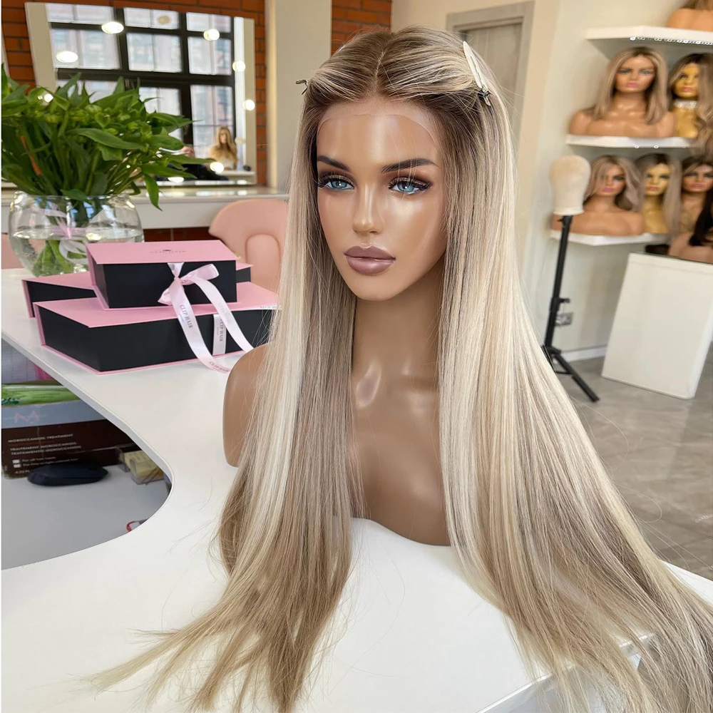 HD Lace Soft Natural Straight 24Inch Glueless Highlight Blonde Front Wig For Women Pre Plucked Transparent Lace Heat Resistant