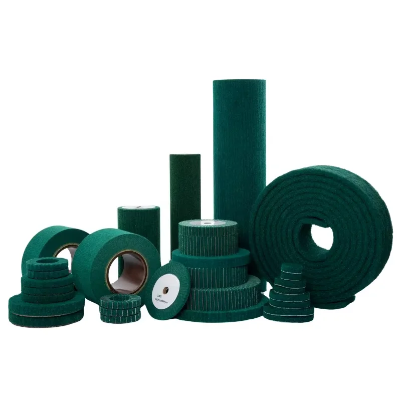 Full-size green non-woven wheel roller brush set for industrial metal polishing and surface grinding