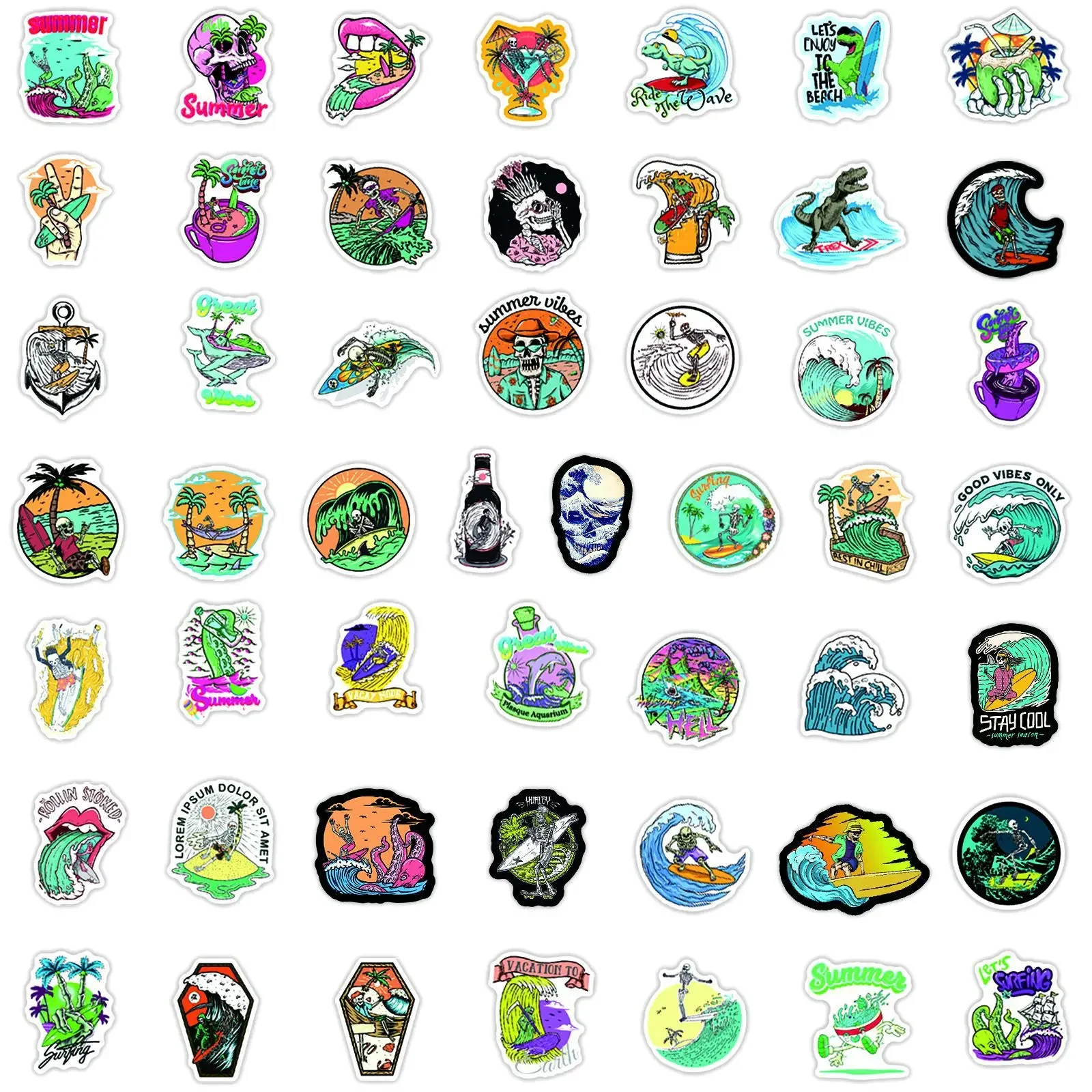 10/50pcs Cool Summer Skull Surfing Stickers Beach Surf Decals DIY Surfboard Luggage Phone Water Bottle Waterproof Funny Sticker