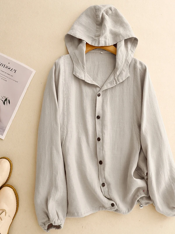 

Легкий дышащий хлопковый льняной тюнер большого размера, женский солнцезащитный топ с капюшоном и пуговицами Nine Sve