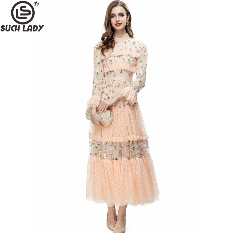 

Women's Runway Dresses O Neck Long Sleeves Embroidery Ruffles Tiered Layered Elegant Fashion Party Vestidos