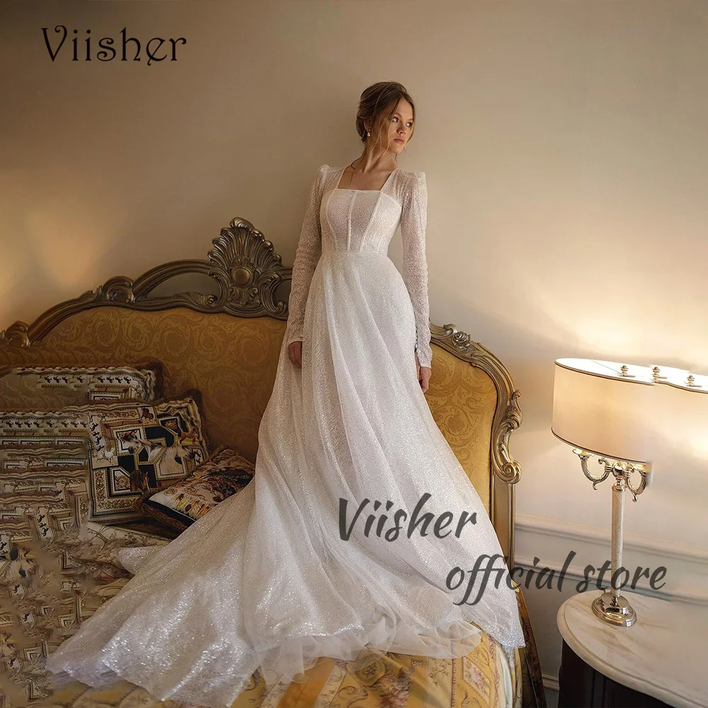 Viisher Sparkly Sequins Wedding Dresses Long Sleeve Square Neck Bride Dress Customized Beach Wedding Bridal Gowns