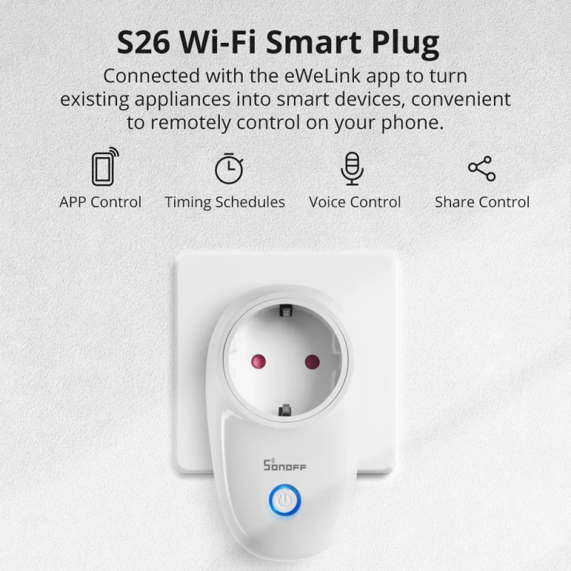 SONOFF-S26Inter WiFi Smart Plug, Prise sans fil, Commutateur de synchronisation, Télécommande vocale, Via EWeLink, Google Home, Alexa, EU, FR